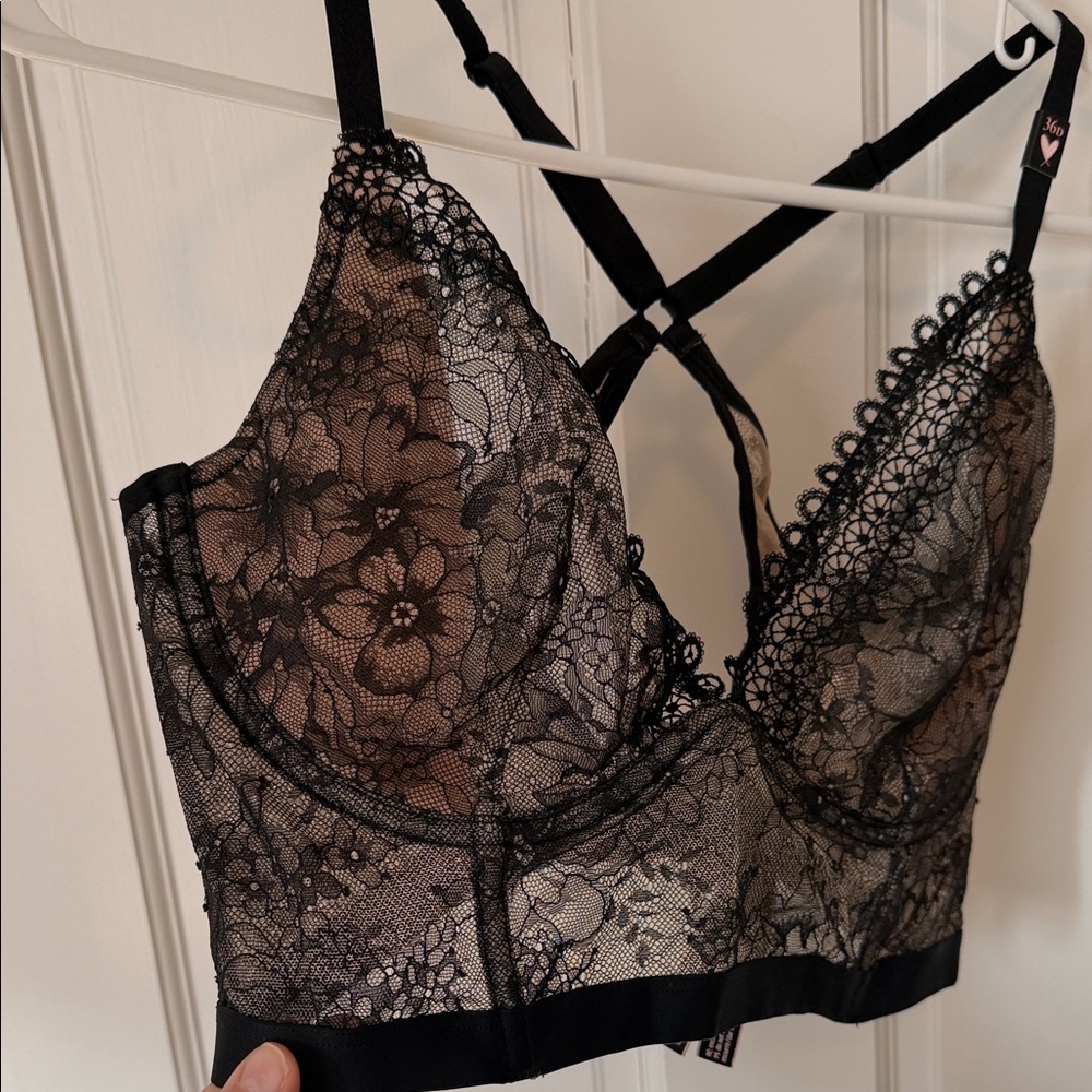 NWT Victoria’s Secret Lace Bralette Black Nude Longline Size 36D - Picture 6 of 6